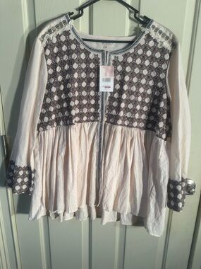 Peasant Blouse with Embroidered Yoke in Blush